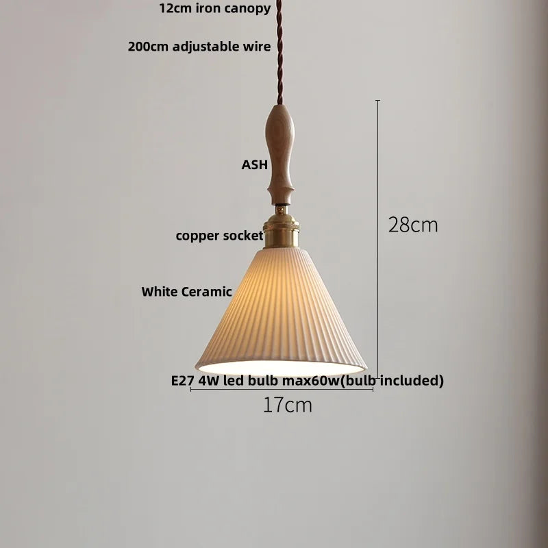 DecorBites™ Adjustable LED Pendant Lights Ash Wood White Ceramic Modern Hanging Lamp