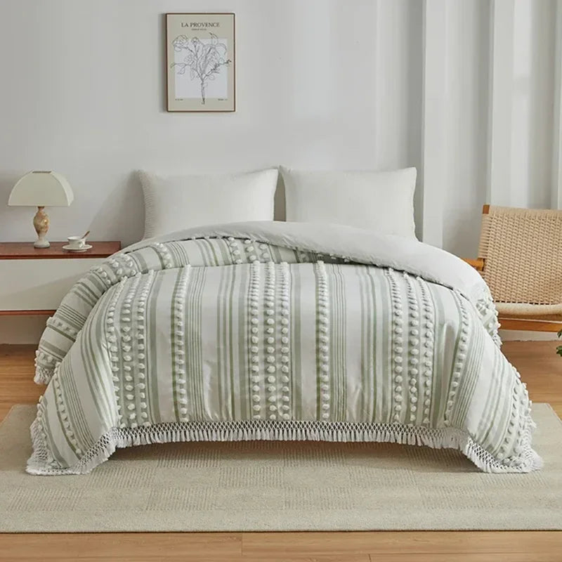 DecorBites™ Boho Stripe Furball Duvet Set: High-Quality King Size Bedding with Tassels