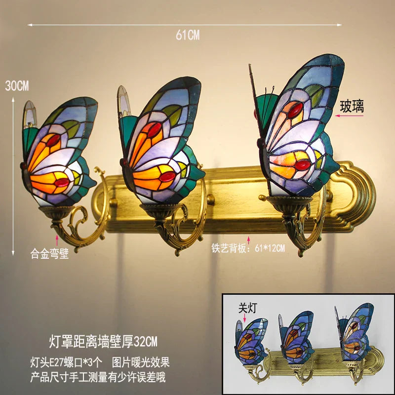 DecorBites™ Butterfly Glass Sconces LED Wall Lamps Tiffany Mediterranean Bedroom Lighting