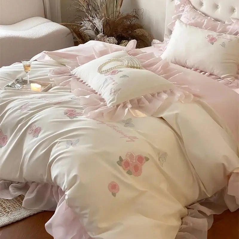 DecorBites™ Butterfly Flowers Lace Ruffles 4Pcs Bedding Set: Duvet Cover, Sheet, Pillowcases