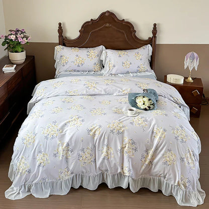 DecorBites™ French Flowers Lace Ruffles Princess Bedding Set with Bed Sheet Pillowcases
