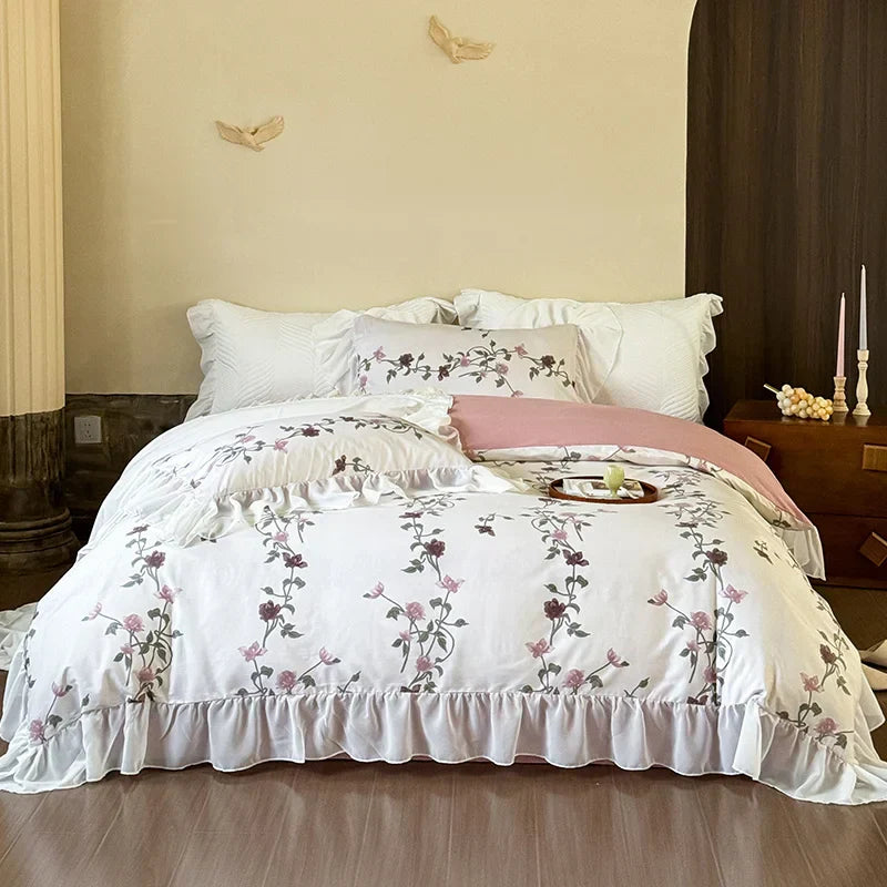 DecorBites™ Lace Ruffles Princess Cotton Bedding Set, Floral Quilt Cover, Girls Wedding Home Textiles