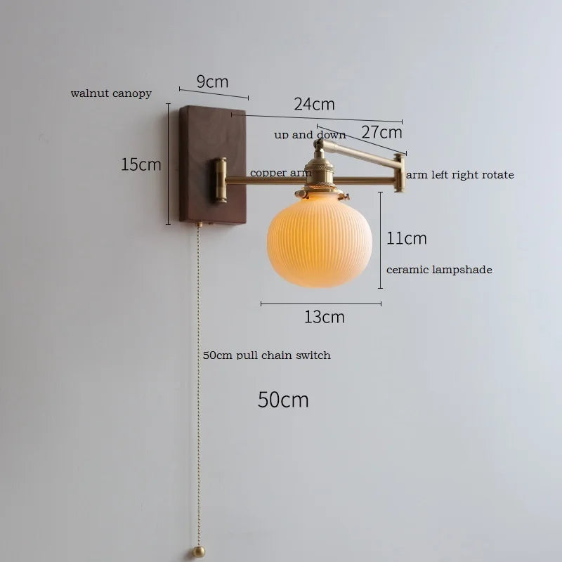 DecorBites™ Copper Arm LED Wall Sconce Switch Light, Adjustable Lampshade, Pull Chain, Beside Lamp