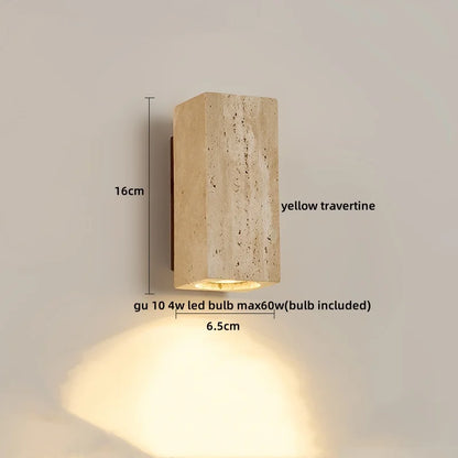 DecorBites™ LED Wall Sconce Yellow Travertine Stone Bedroom Study Cafe Wood Base Stair Light