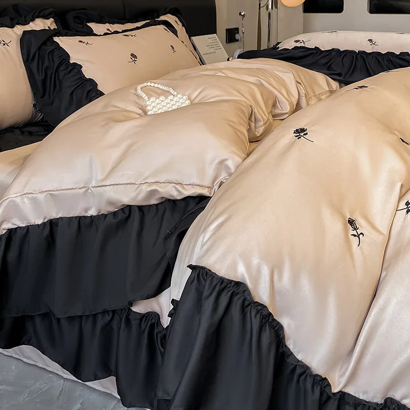 DecorBites™ Ice Silk Embroidery Bedding Sets: Luxury Rayon Duvet Set with Lace, Soft & Cozy