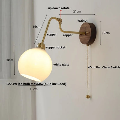 DecorBites™ LED Wall Lights Pull Chain Switch Bedside Lamp Amber Glass Modern Stair Light Fixtures