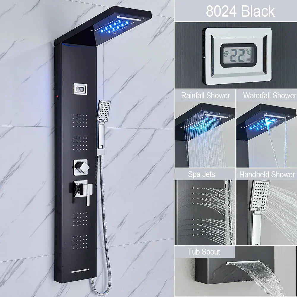 DecorBites™ Black LED Waterfall Rain Shower Panel Faucet Set with Massage Jets
