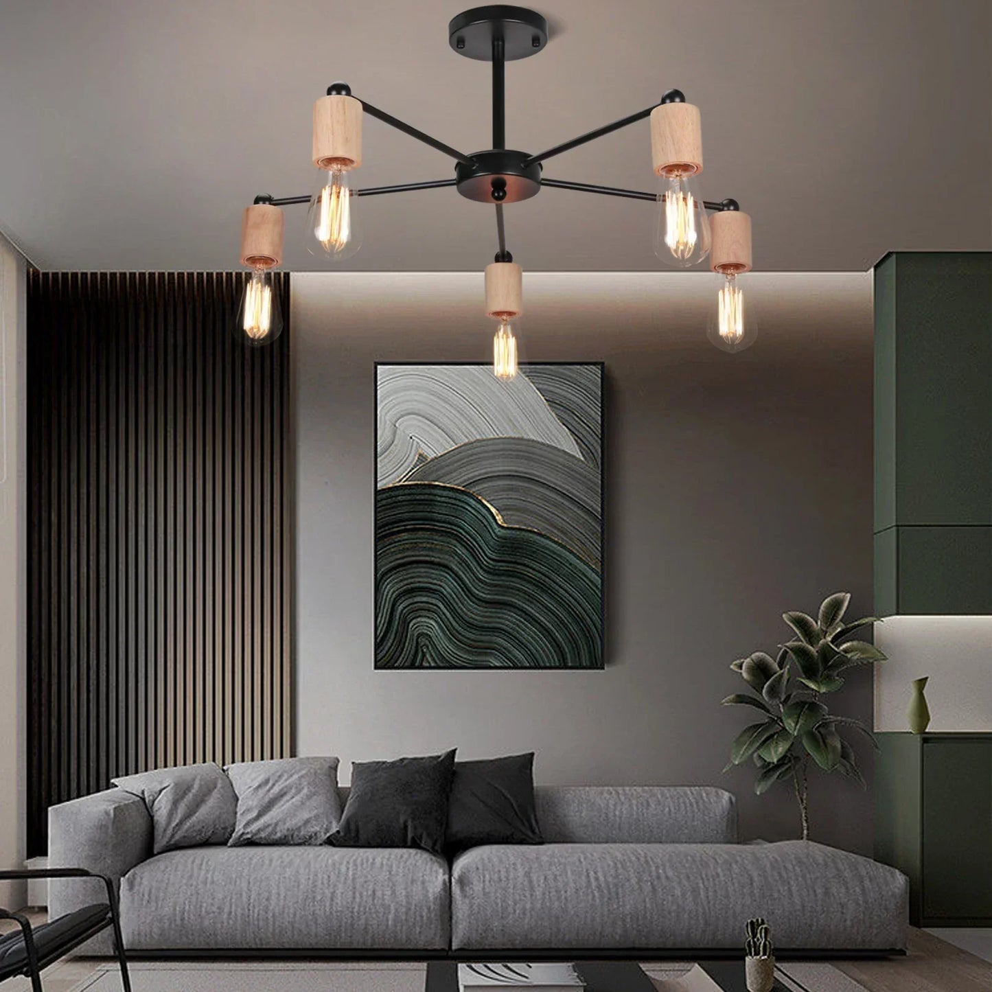 DecorBites™ Industrial Rod Iron Wood Sputnik Chandelier Ceiling Lamp LED E27 Home Lighting