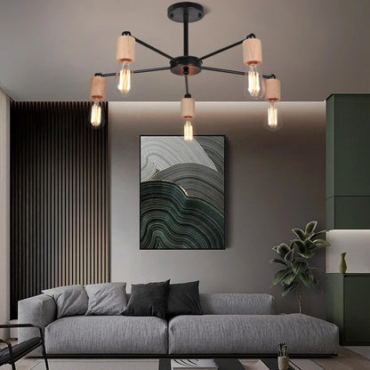 DecorBites™ Industrial Rod Iron Wood Sputnik Chandelier Ceiling Lamp LED E27 Home Lighting