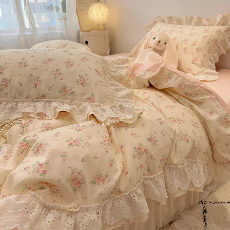DecorBites™ Korean Princess Style Floral Lace Ruffles Bedding Set with Pillowcase
