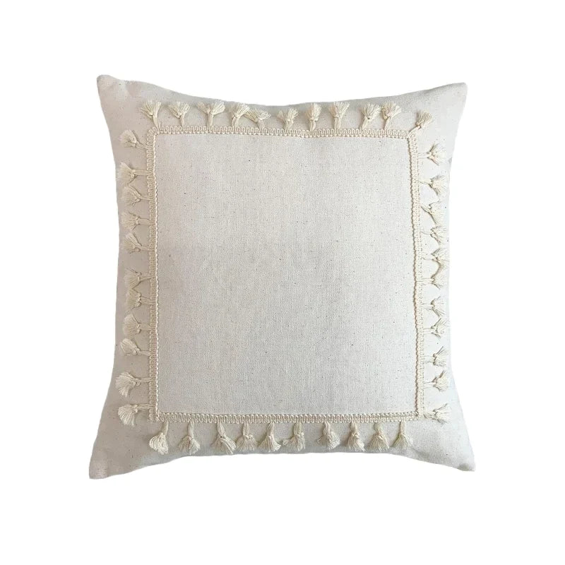 DecorBites™ Boho Linen Cotton Pillow Cover with Tassels - Beige Square/Rectangular 45x45cm/30x50cm