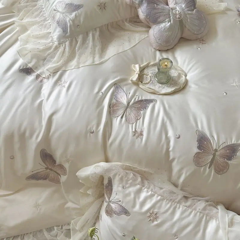 DecorBites™ Butterfly Lace Ruffles Embroidery Bedding Set 4Pcs