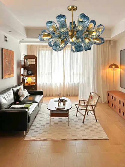 DecorBites™ Blue Glass Luxury Brass Ceiling Pendant Light - Creative Flower Design