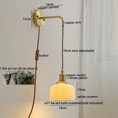 DecorBites™ Copper Ceramic LED Wall Light Pull Chain Switch Modern Bedroom Lamp