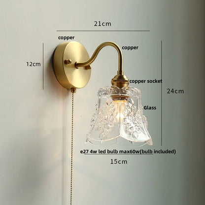 DecorBites™ Clear Glass LED Wall Sconce Pull Chain Switch Modern Copper Bedside Lamp