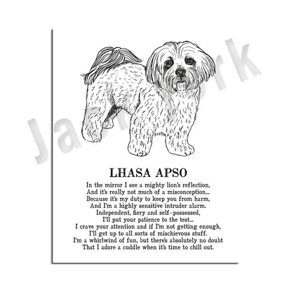 DecorBites™ Cozy Canine Collection: Dog Poetry Poster featuring Lhasa, Sheepdog, Terrier, Bulldog, Tibetan, Yorkie