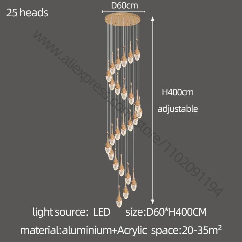 DecorBites™ Gold LED Staircase Chandelier: Elegant Luxury Large Pendant Lamp for Living Room