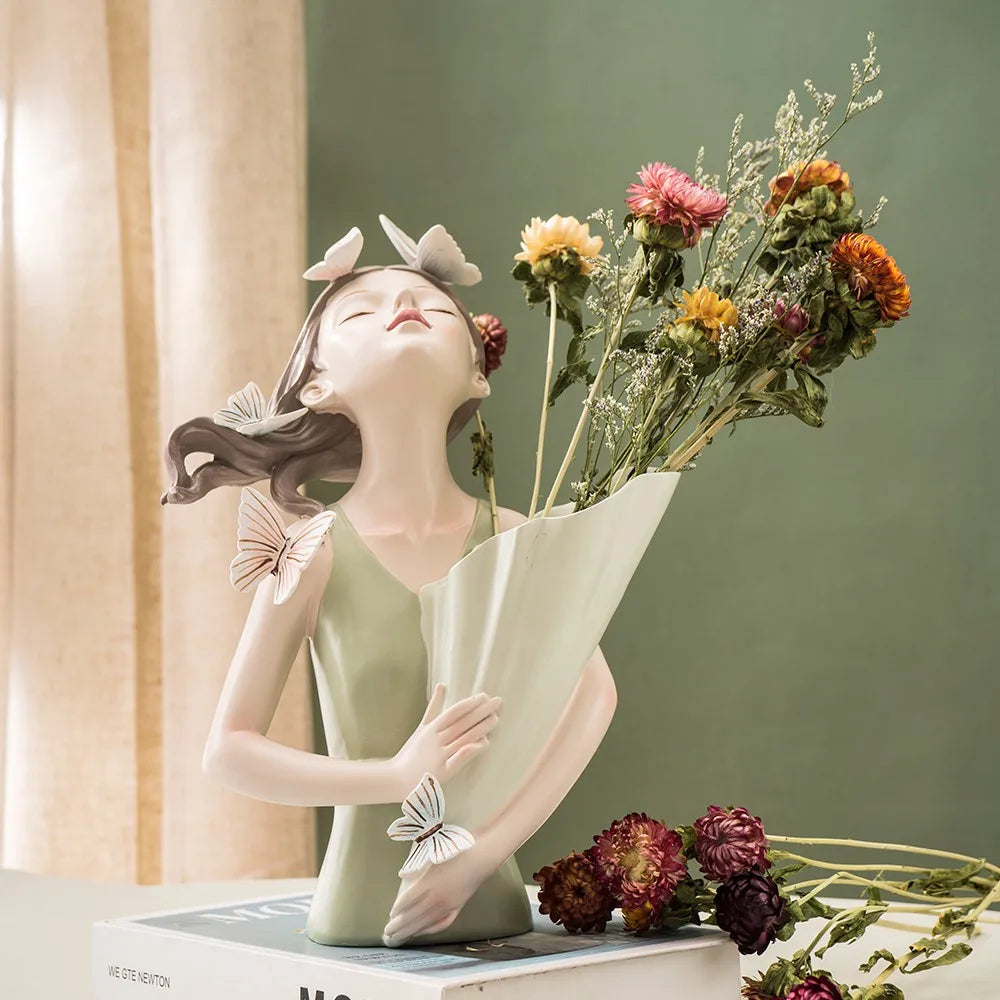 DecorBites™ 30cm Pink Butterfly Girl Vase Statue Modern Home Decor Resin Figurines