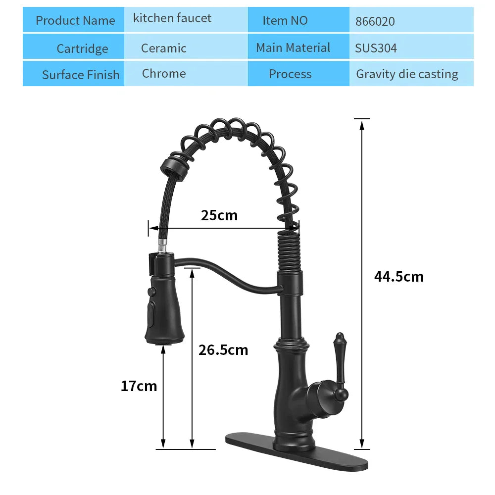 DecorBites™ Black Spring Spout Kitchen Faucet Single Lever Pull Out Mixer Tap