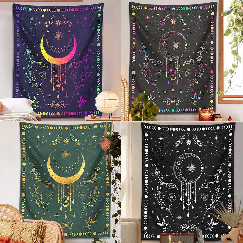 DecorBites™ Celestial Moon Phase Tapestry with Floral Accents