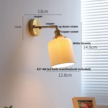 DecorBites™ Copper Canopy LED Wall Sconce, White Ceramic Bedside Light for Bedroom, Modern Nordic Design