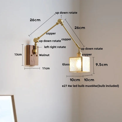 DecorBites™ Cube Glass LED Wall Sconce Walnut Wood Rotatable Mirror Light