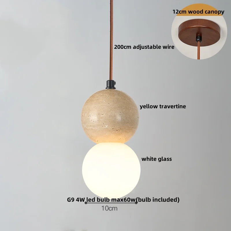 DecorBites™ LED Gourd Pendant Light Fixture with Yellow Travertine and White Glass
