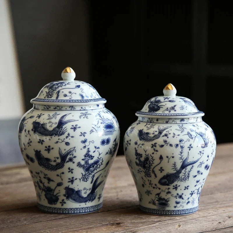 DecorBites™ Blue & White Porcelain General Jar: Vintage Ceramic Storage Tank for Home Decor