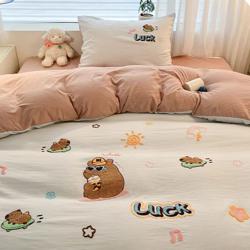 DecorBites™ Cartoon Embroidered Cotton Bedding Set for King/Queen Beds