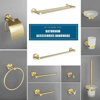 DecorBites™ Brushed Gold Bath Hardware Set: Paper Holder, Towel Bar, Robe Hook - Wall Mount Bathroom Accessories
