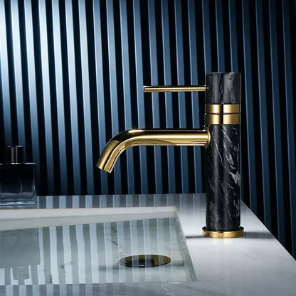 DecorBites™ Brushed Gold Bathroom Faucet with Swivel Spout and Marble Accents