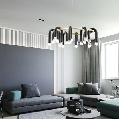 DecorBites™ Black U Shape Tube Gold Ring Chandelier for Foyer Dining Room Lighting