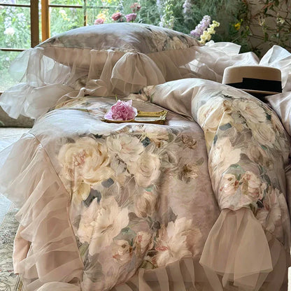 DecorBites™ French Flowers Lace Ruffles Bedding Set with Silky Soft Lyocell Cotton