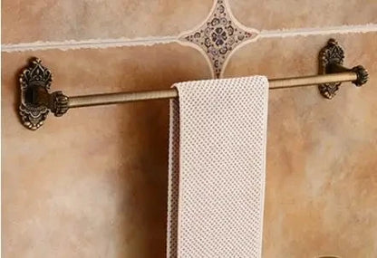 DecorBites™ Antique Bronze Carved Aluminum Bathroom Accessories Set: Towel Rack, Paper Holder, Hooks