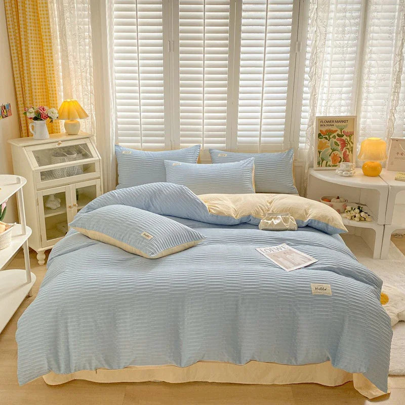 DecorBites™ Bubble Yarn Fabric Full Bedding Set with Duvet Cover, Sheet, Quilt, Pillowcase