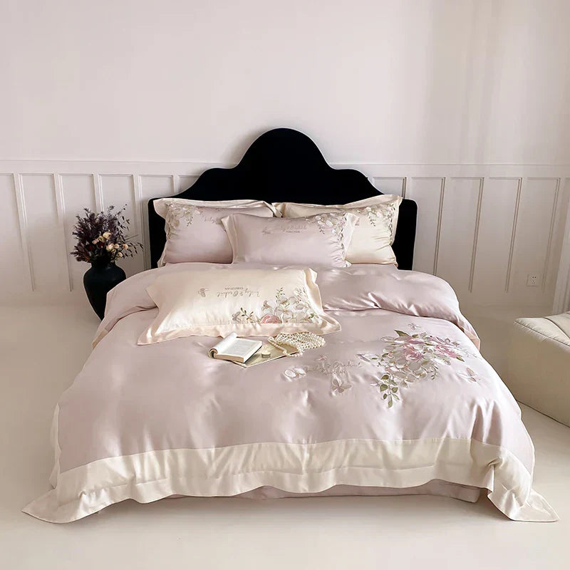 DecorBites™ Butterfly Flowers Embroidery Bedding Set 800TC Soft Silky Duvet Cover Set