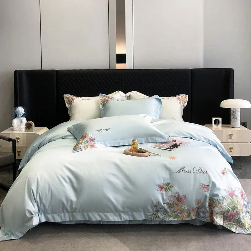 DecorBites™ Egyptian Cotton Flowers Embroidery Luxury Bedding Set - Queen King Size