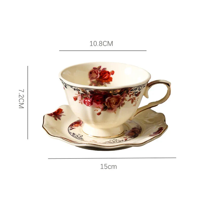 DecorBites™ Blooming Roses Porcelain Coffee Mug with Golden Edge & Saucer