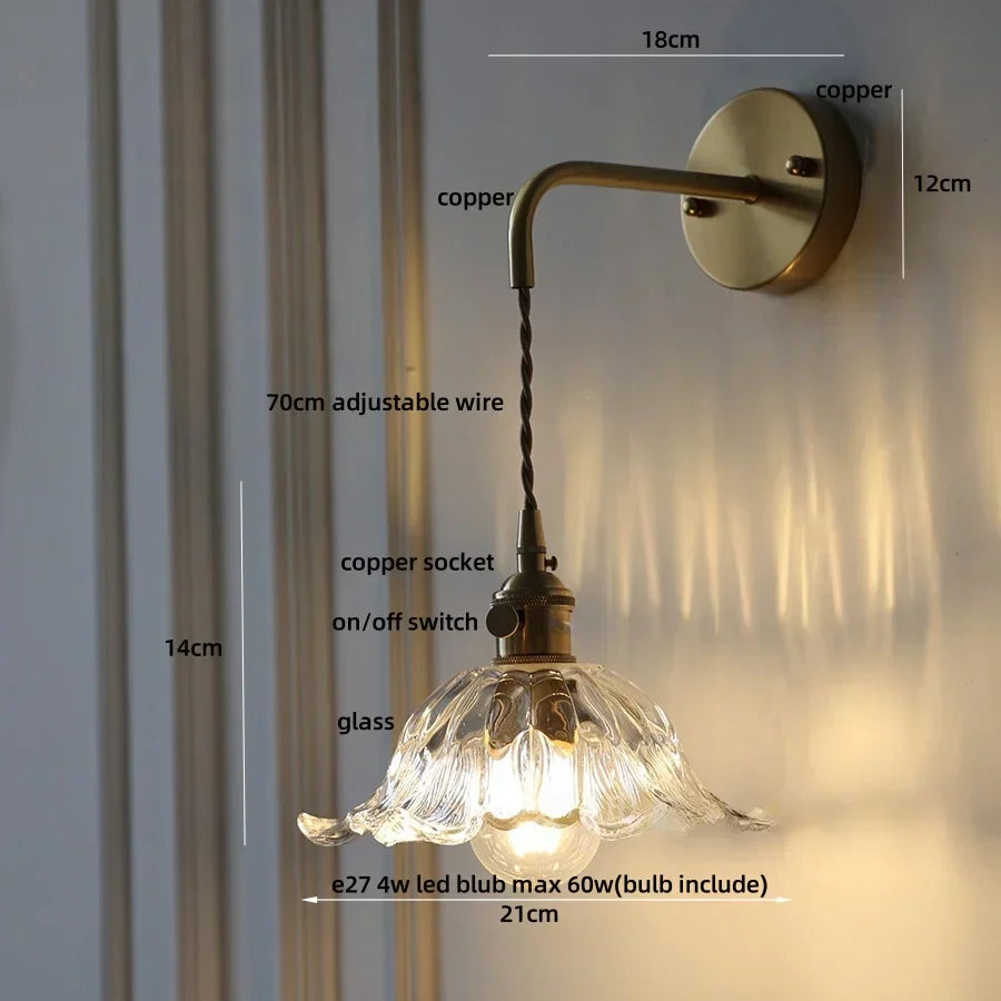 DecorBites™ Glass & Copper Green Flower LED Wall Sconce with Pull Chain