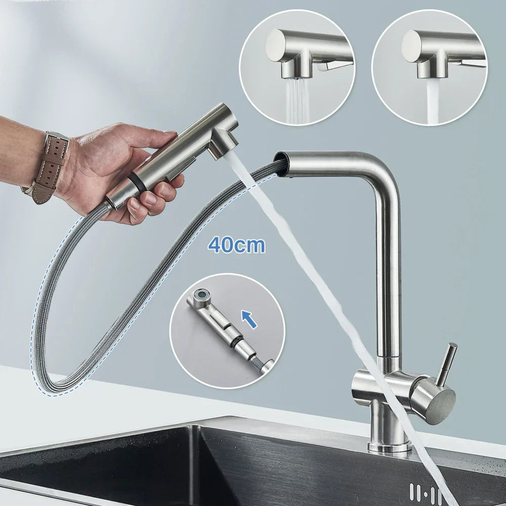 DecorBites™ Brushed Nickel Pull Out Kitchen Faucet Stainless Steel Tap Deck Install