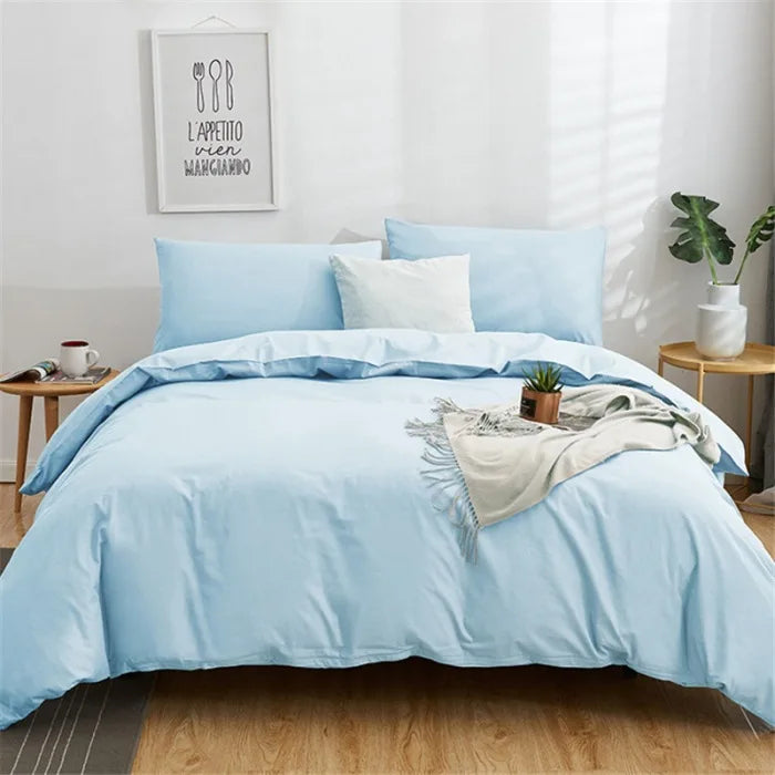 DecorBites™ Cotton 4pcs Bedding Set Double Queen Solid Color Duvet Cover Flat Bed Sheet