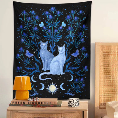 DecorBites™ Cat Tapestry Wall Hanging Moon Sun Moth Leaf Flower Occult Home Decor
