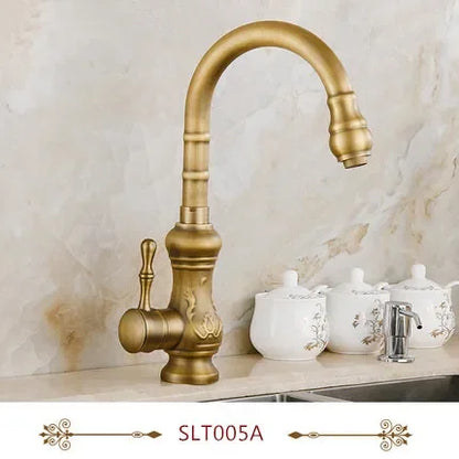 DecorBites™ Antique Brass Swivel Spout Kitchen Faucet Single Handle Vessel Sink Mixer Tap