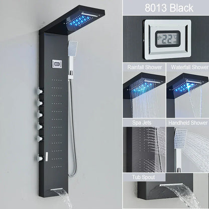 DecorBites™ Black LED Waterfall Rain Shower Panel Faucet Set with Massage Jets