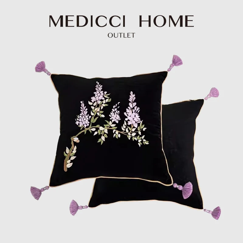 DecorBites™ Botanical Wisteria Embroidered Cushion Cover with Tassel
