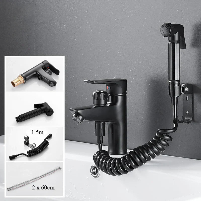 DecorBites™ Black Brass Single Handle Bathroom Basin Faucet with Shower Head, Hot and Cold Mixer Tap