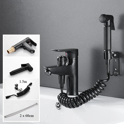 DecorBites™ Black Brass Single Handle Bathroom Basin Faucet with Shower Head, Hot and Cold Mixer Tap