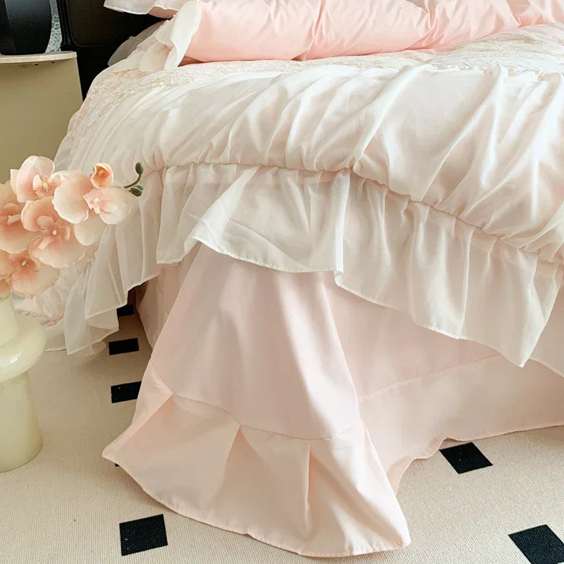 DecorBites™ Pink French Princess Bedding Set, Queen Size, Soft & Cozy with Lace Ruffles