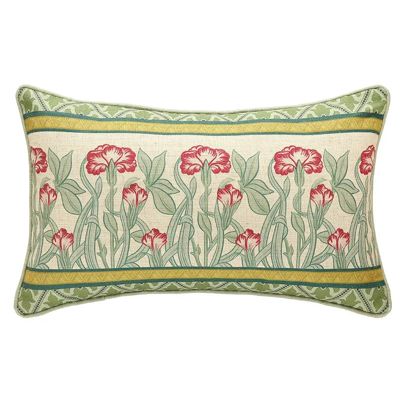 DecorBites™ French Linen Flax Lumbar Pillow Cover Flower Birds Print, Fairy Green
