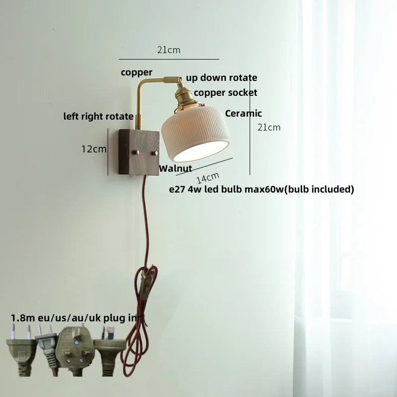 ™ Globe Ceramic Walnut Wood Wall Light with Pull Chain Switch and Rotatable Design